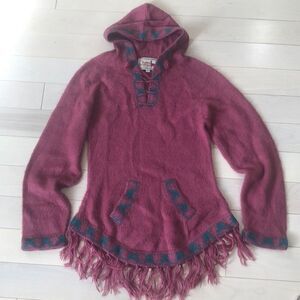 The Alpaca Connection Women's Handmade Knitted V-Neck Hoodie Sweater Red Small